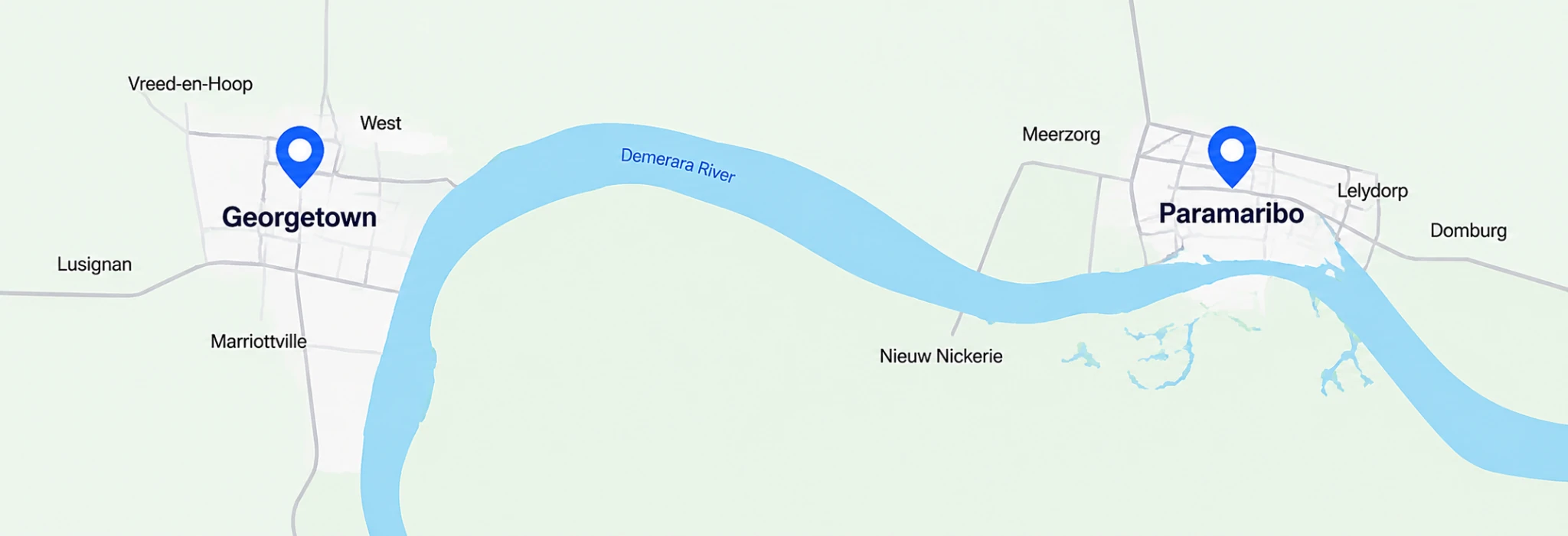 Mapa con Georgetown y Paramaribo