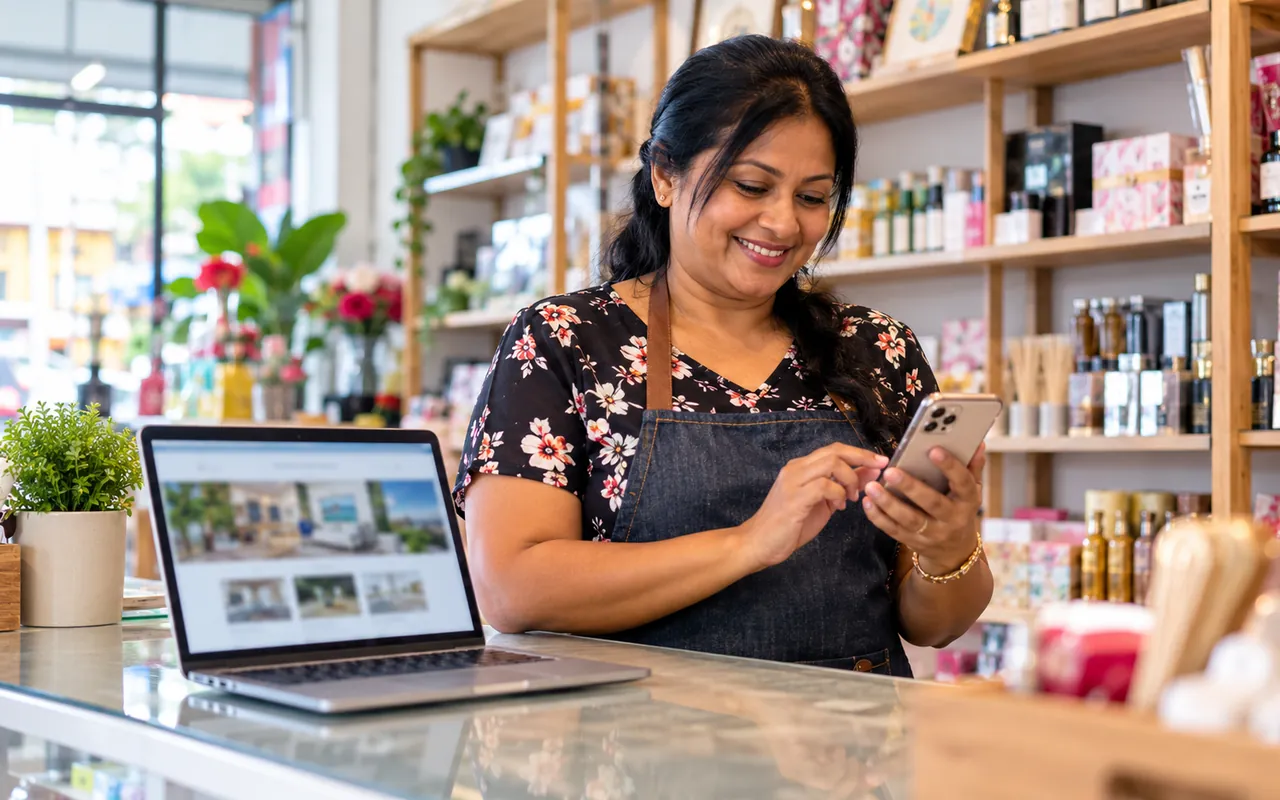 Shop owner checking her fully managed business website on her phone