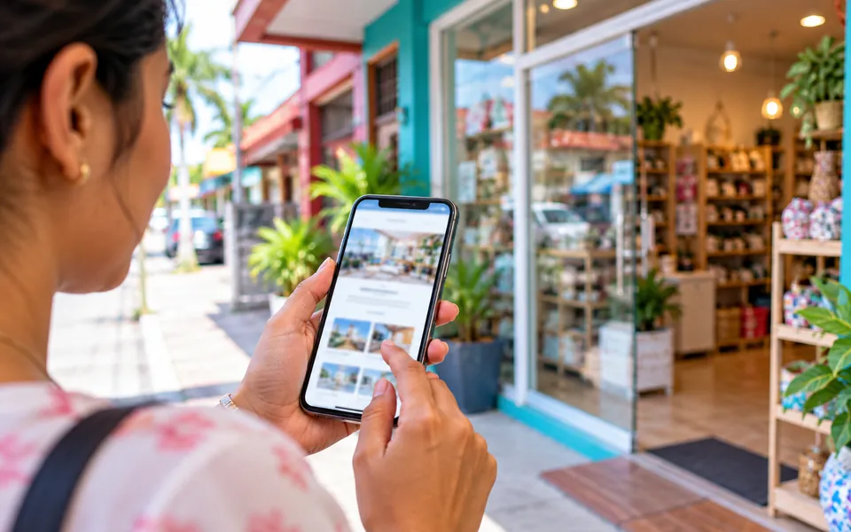 Customer viewing a business website on a smartphone outside a shop