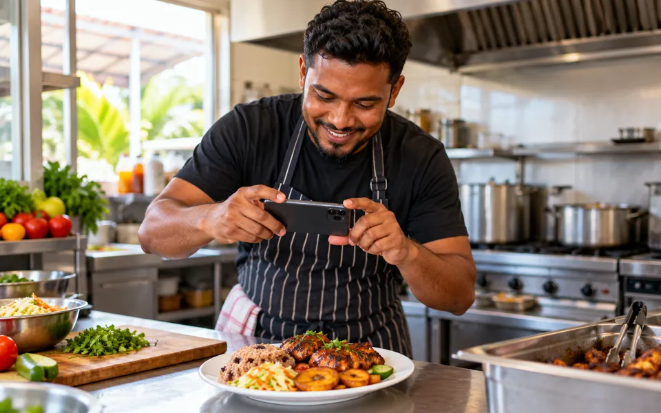 Restaurant owner taking a photo of a dish to send as a website update
