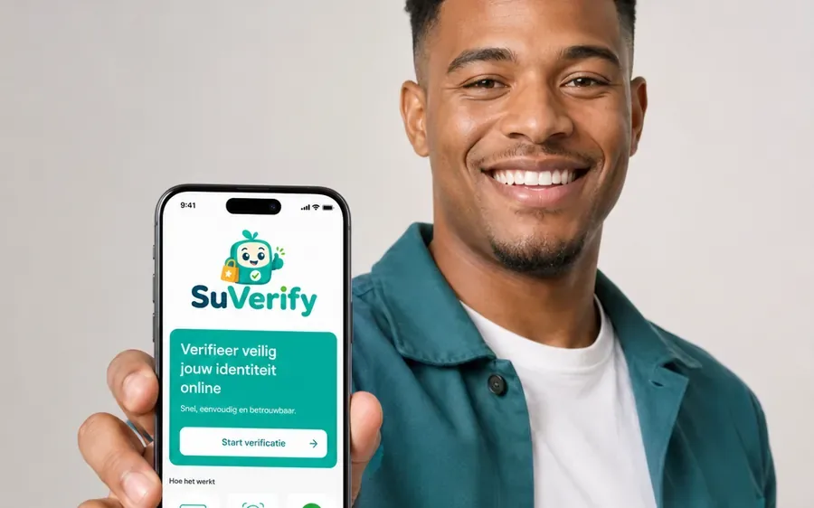 Man holding a smartphone with a business app on the screen