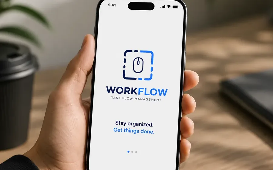 Hand holding a smartphone with an app start screen