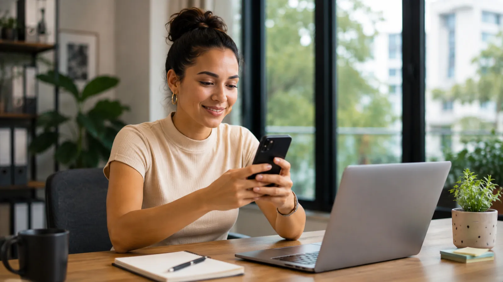 Ondernemer beheert haar bedrijf met een telefoon en een laptop