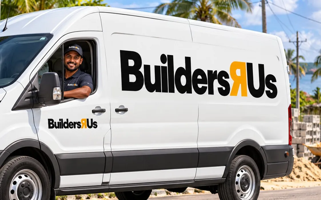 Logo van Builders R Us op een witte bedrijfsbus