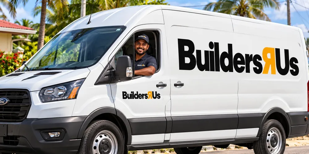 Logo van Builders R Us, optie 1, op een bedrijfsbus