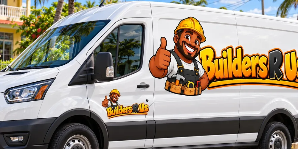 Logo van Builders R Us, optie 2, op een bedrijfsbus