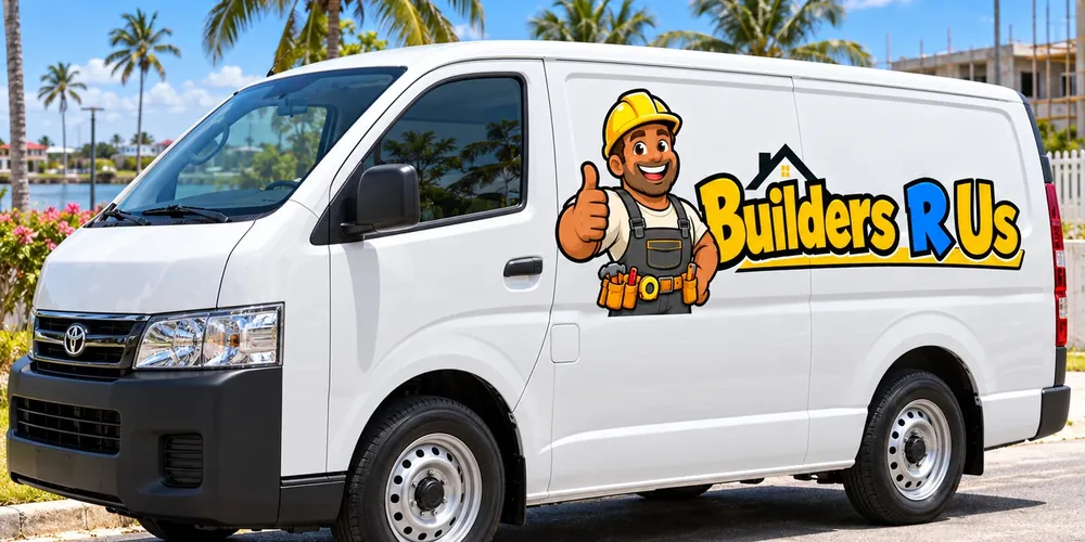 Logo van Builders R Us, optie 3, op een bedrijfsbus