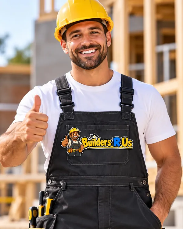 Logo van Builders R Us, optie 3, op werkkleding