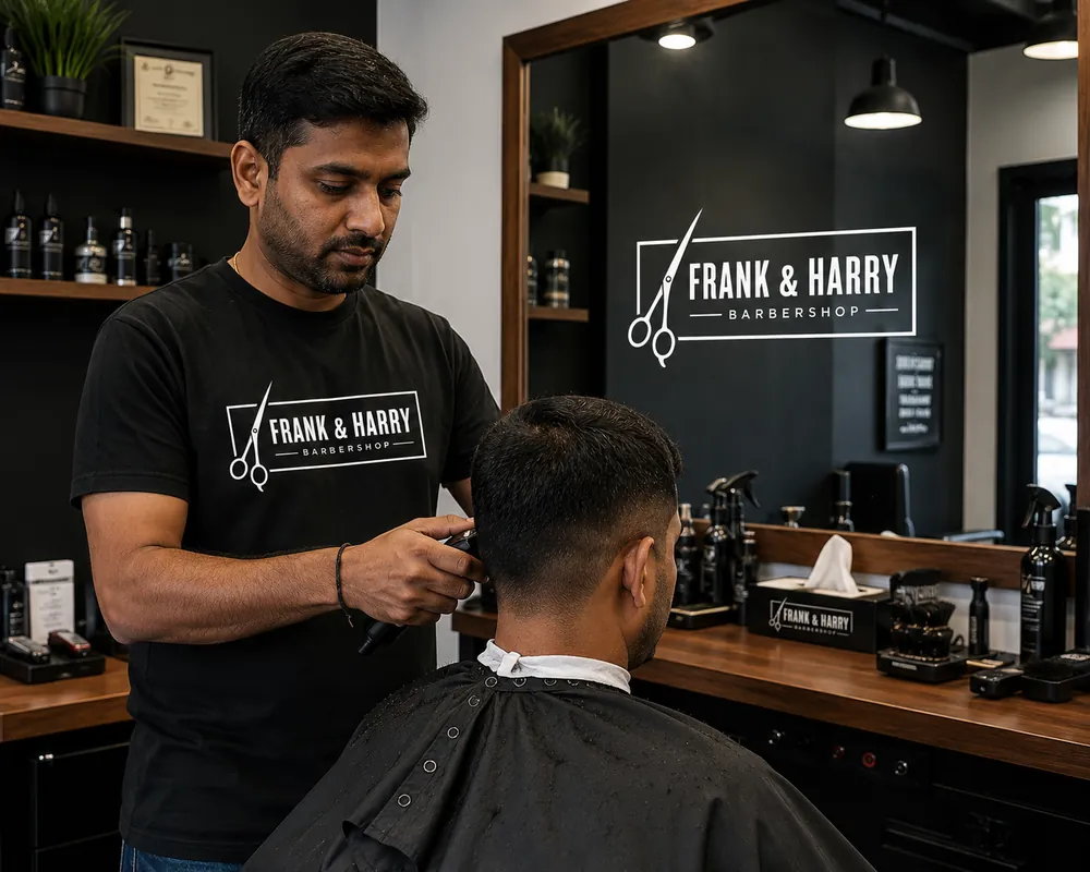 Frank & Harry-logo op het T-shirt van een kapper