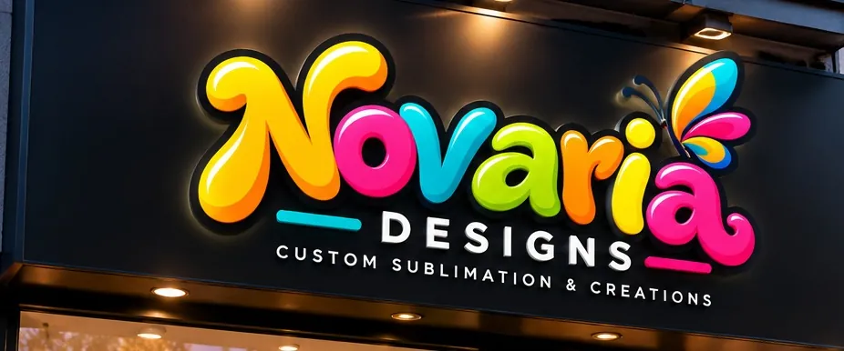 Logo van Novaria Designs, optie 1, op de winkelpui