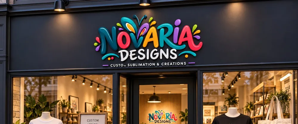 Logo van Novaria Designs, optie 2, op de winkelpui