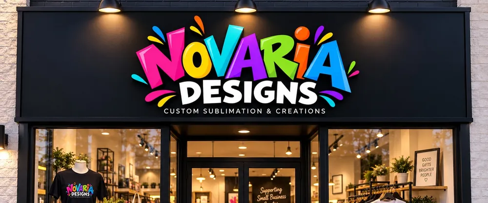 Logo van Novaria Designs, optie 3, op de winkelpui