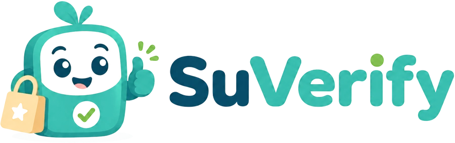 SuVerify logo with mascot and wordmark