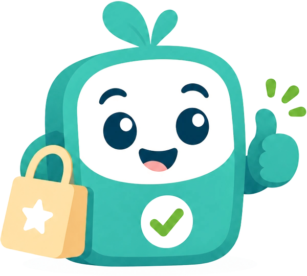 SuVerify mascot with a check mark, a padlock bag and a thumbs-up