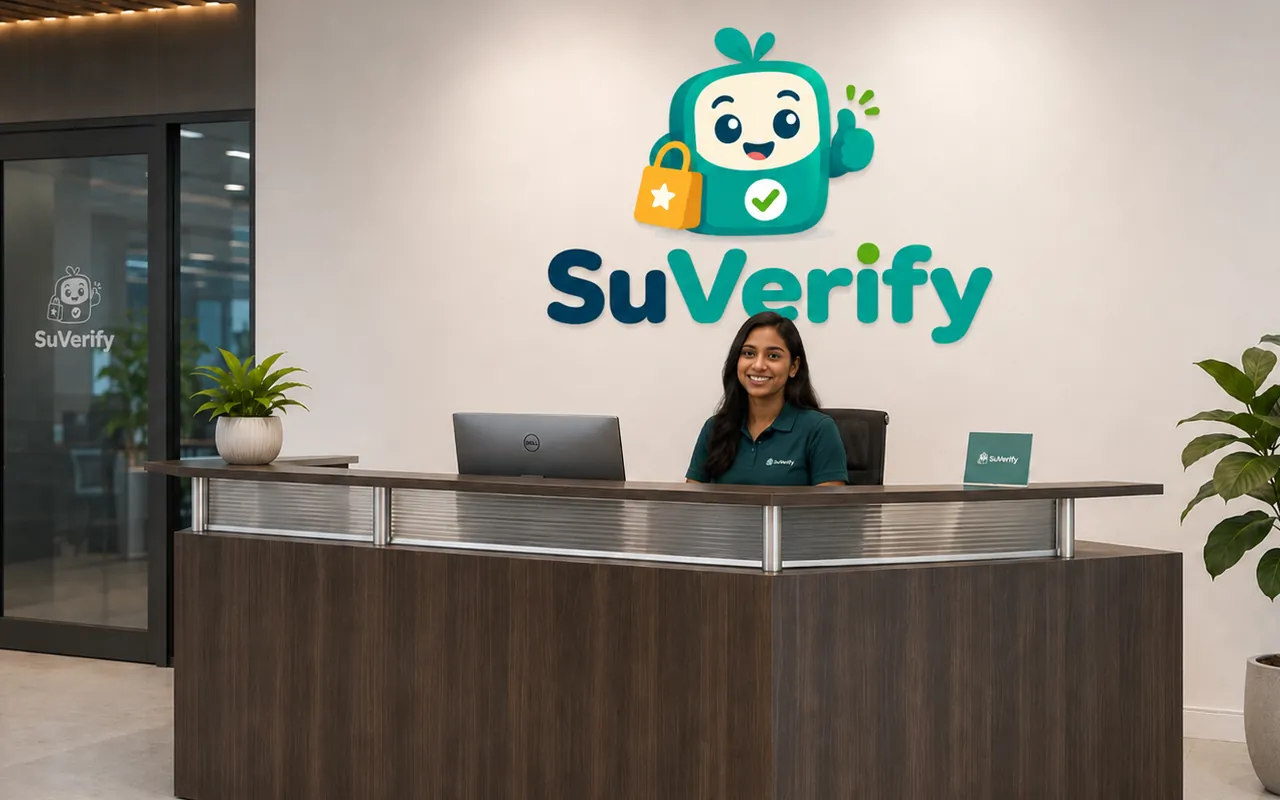 SuVerify logo on a reception wall
