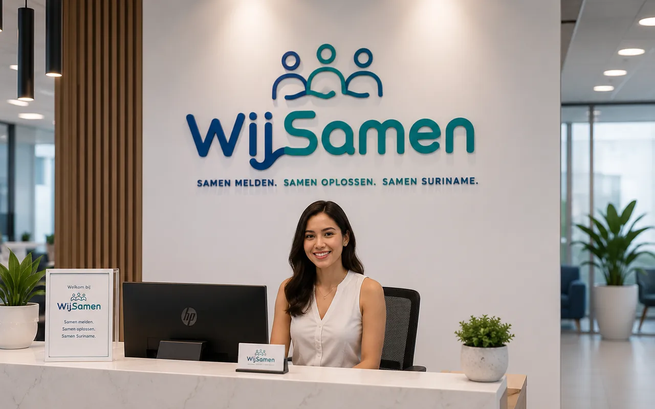 Logo de WijSamen en la pared de la recepción