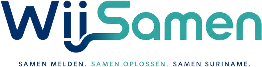 Logotipo de WijSamen con el eslogan Samen melden, samen oplossen, samen Suriname