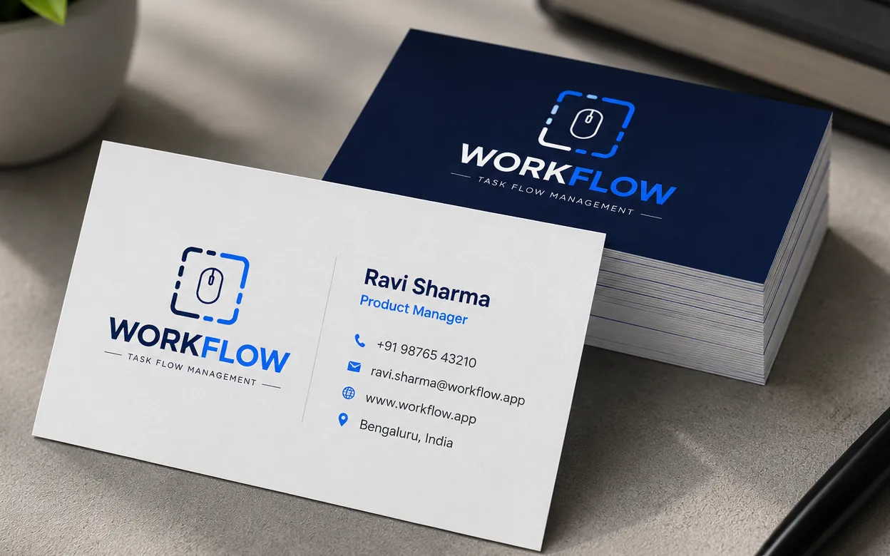 Logo de Workflow en tarjetas de visita azul marino y blancas