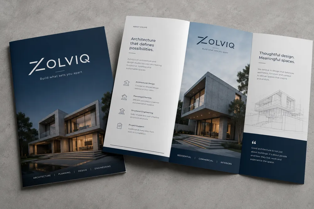 Drieluikbrochure van Zolviq met logoconcept 1